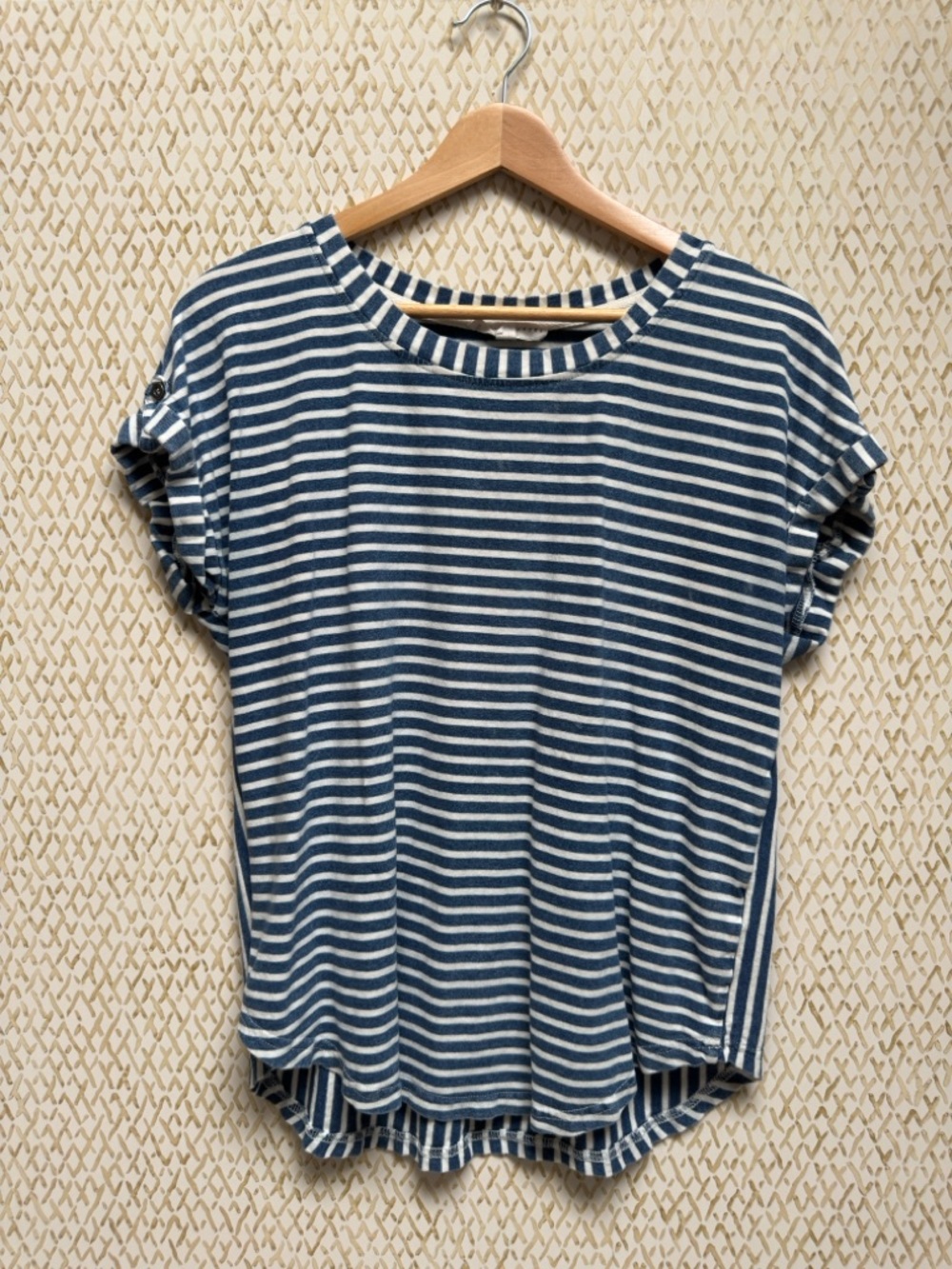 Jane Delancey Striped Tee Navy Cream Mixed Stripe Raw Hem Nautical Coastal M